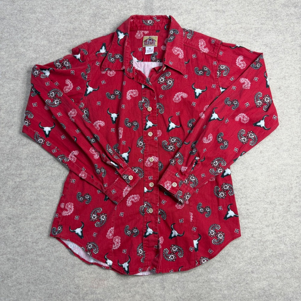 Barn Fly Womens Red Steer Skull Paisley Western Button Down Shirt M USA Made